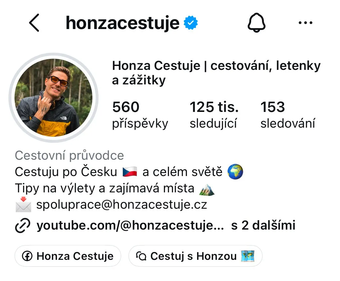 Instagram profil Honza Cestuje