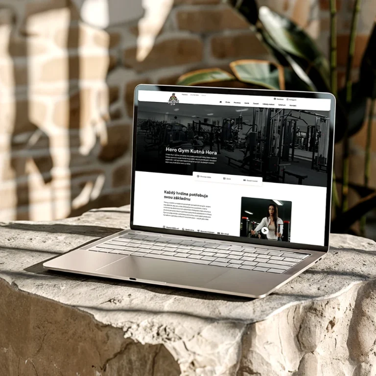 položený notebook na kterém je ukázaný web hero-gym.cz