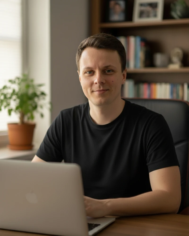 daniel marek sedící za notebookem v kanceláři